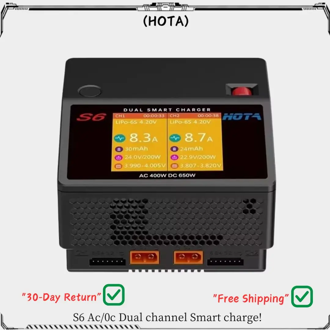 

HOTA S6 15A Dual Channel Smart Ultra Small Size Charger AC400W /DC650W For Lipo LiHV LiFe LiIon NiZn NiCd NiMH Battery