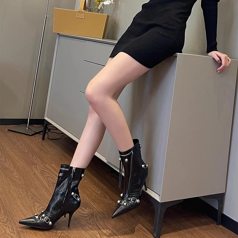 High Heel Women Short Boots Fashion Pointed Toe Rivet Ankle Booties Autumn Winter Ladies Dancing Party Prom Shoes