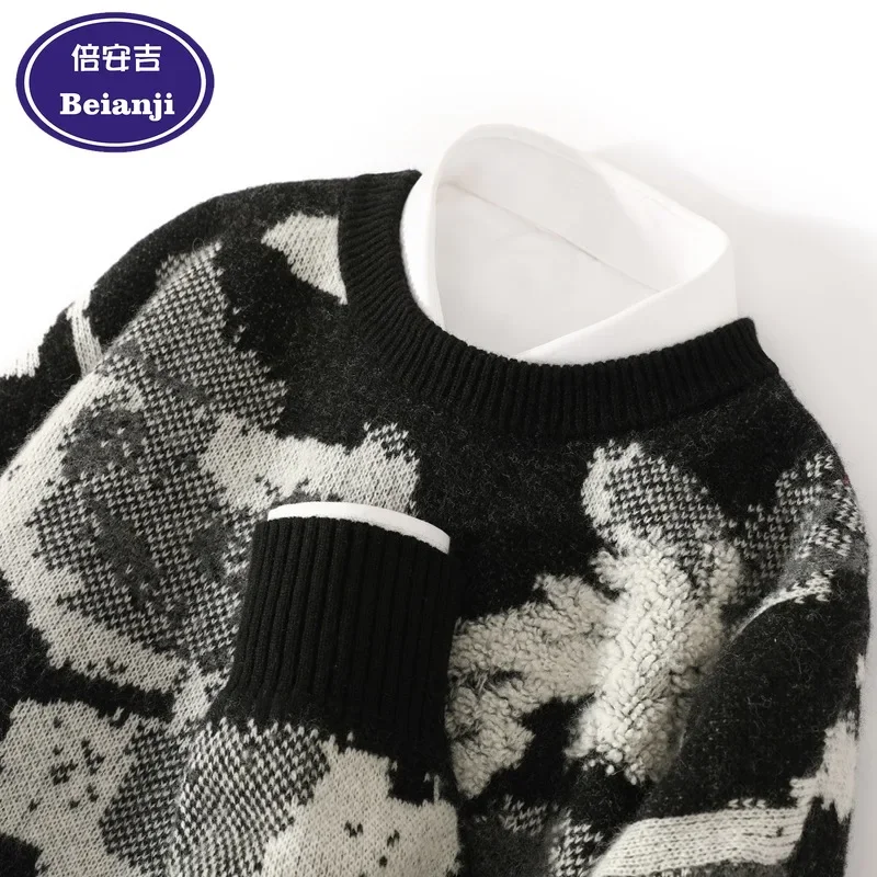 الرجال الشتاء سمكا منشفة التطريز الجاكار 100% رداء علوي من الصوف فضفاض الجولة الرقبة نمط السنة الجديدة طويلة الأكمام متماسكة الكشمير 2025 #4