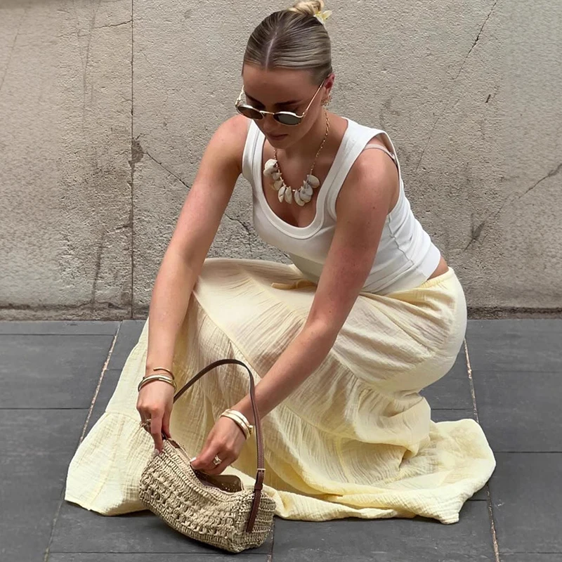 Tornova التنانير الصفراء غير رسمية للنساء عالية الخصر موضة فضفاضة كعكة تنورة مع خط فتاة ساخنة نادي حفلة تنورة طويلة 2026 جديد