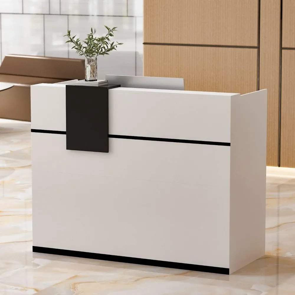 

Modern Reception Desk Counter with Hutch, Adjustable Storage Cube, Lockable Drawer & 1 Door Cabinet, Office Wooden Computer Desk