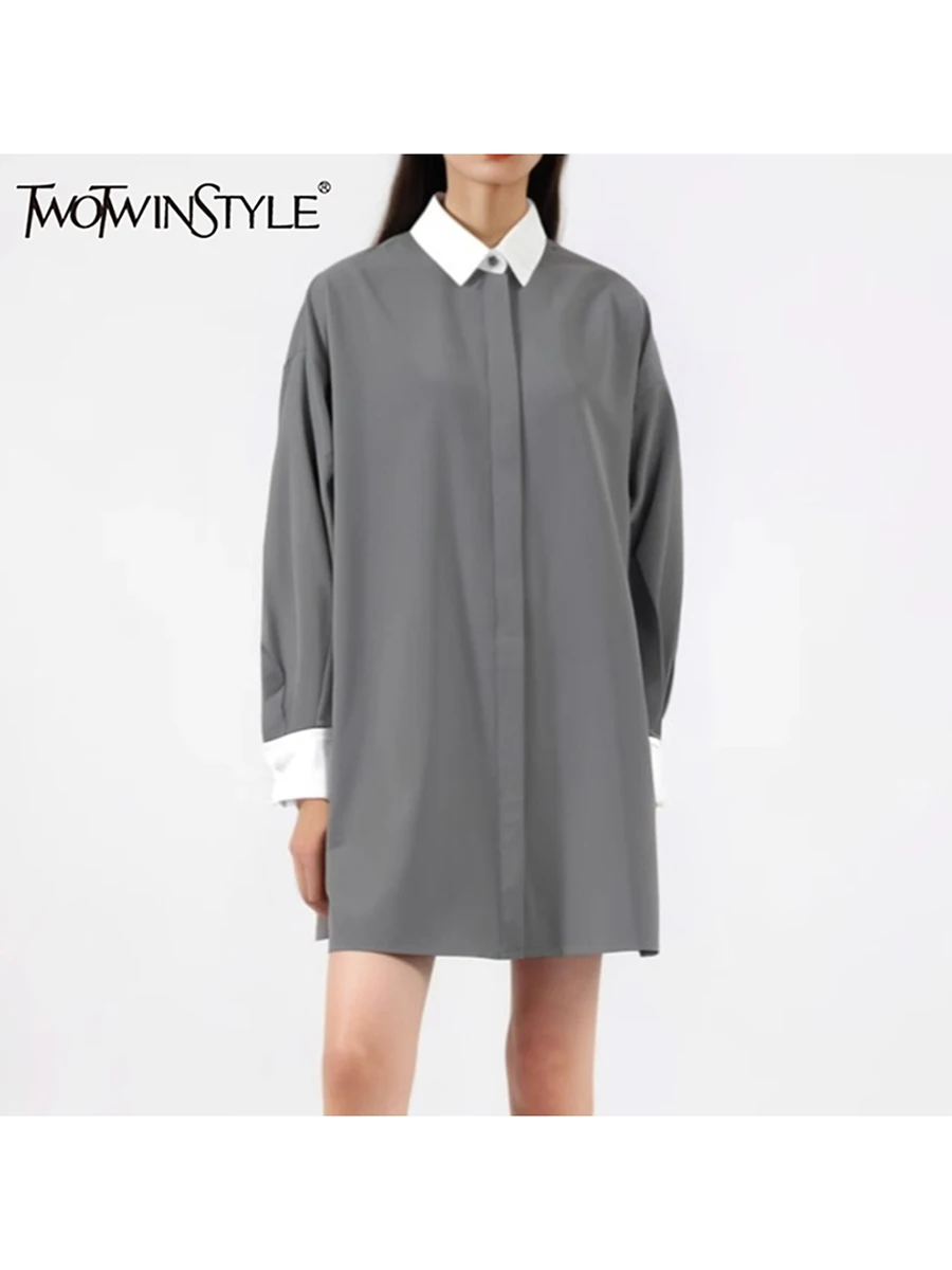 

TWOTWINSTYLE Colorblock Loose Casual Coat For Women Lapel Long Sleeve Patchwork Button Temperament Coats Female Fashion Autumn