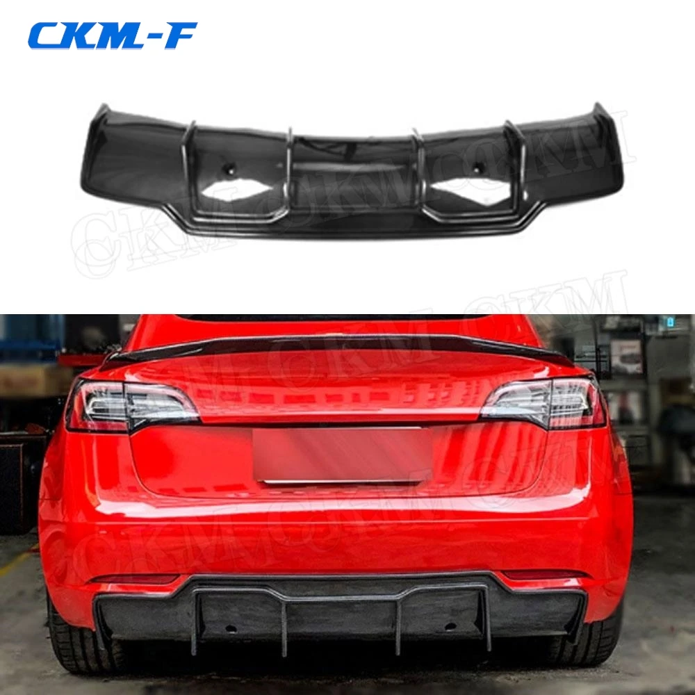 Carbon Fiber Rear Lip Diffuser with Hole for Tesla Model 3 2018 2019 2020 FRP Fins Shark Style Skid Plate Car Bumper Guard