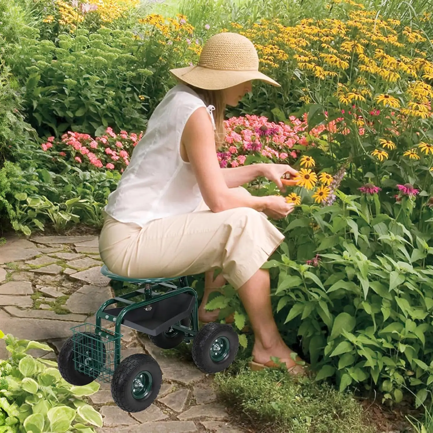 Garden Cart with Seat on Wheels Rolling Gardening Stool with Wheels Heavy Duty for Planting with 360 Degree Swivel Seat
