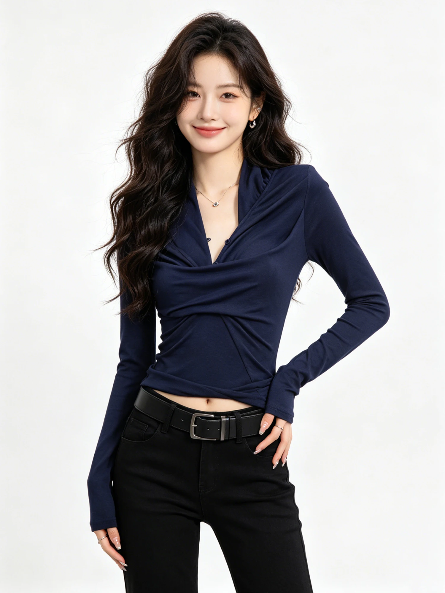 Unique Korean Style Long Sleeve V-Neck T-Shirt Women's Folded Dark Blue Top Commute Fashion Elastic Fiber Polyester Rayon Spa...