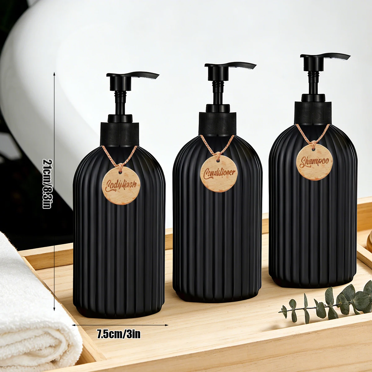 Matte Black Soap Disenser with Tags-16oz Ribbed Plastic Refillable Bathroom Bottles for Shampoo Conditioner Body Wash Container