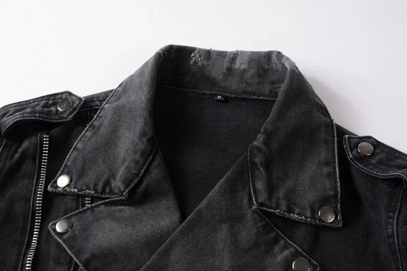 Men\'s Jacket Zippers Black Denim Jean Biker Jacket Motorcycle Vintage Epaulet Holes Ripped Distressed Coat for Men