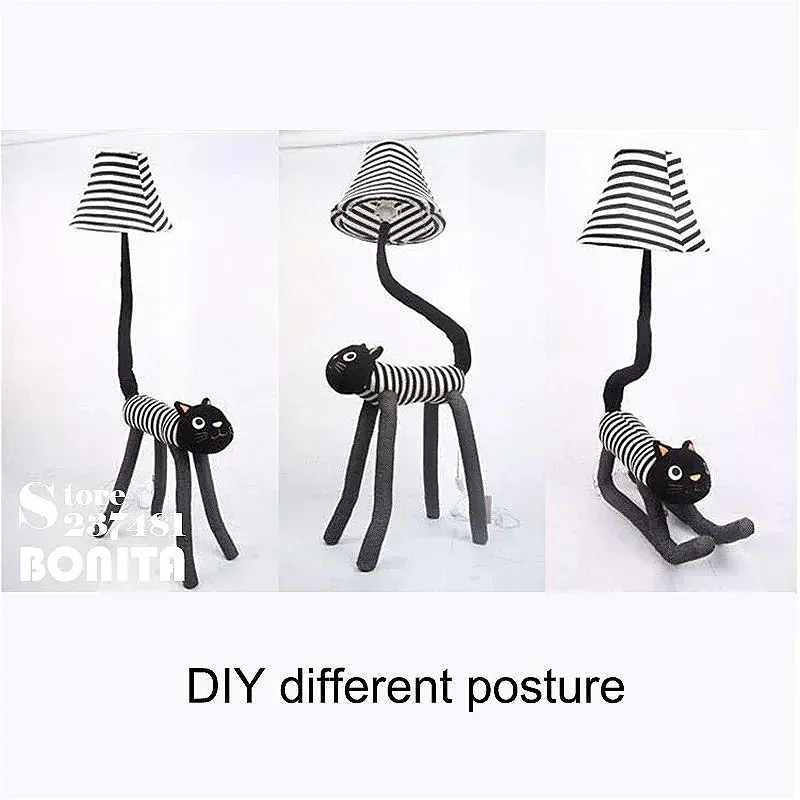 Christmas Gift Floor Lamp Living Room Children Room Floor Light Canvas Catoon Animal Striped Cat Feet  Adjustable Stand Lamp