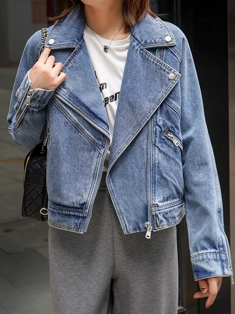 Fitaylor Spring Autumn Women Denim Jacket Casual Lady Moto Biker Coat Vintage Lapel Zipper Jacket