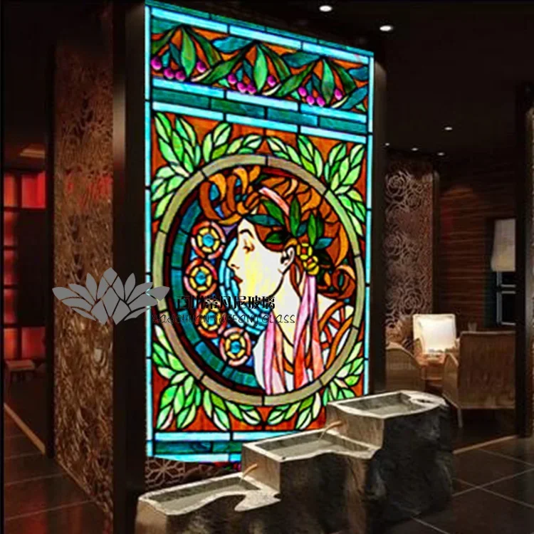 Custom New Art Colored Glass Manual Partition Screen Porch Sliding Door Window Retro European Villa Characters