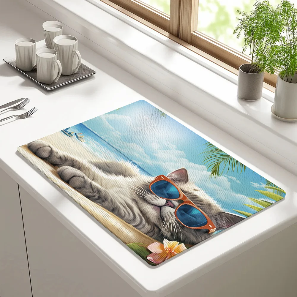 

Cat Perched On Beach Draining Pad Drying Mat For Kitchen Bar Coffee Dishes Rubber Quick Drying Water Absorbent Anti-slip Mat
