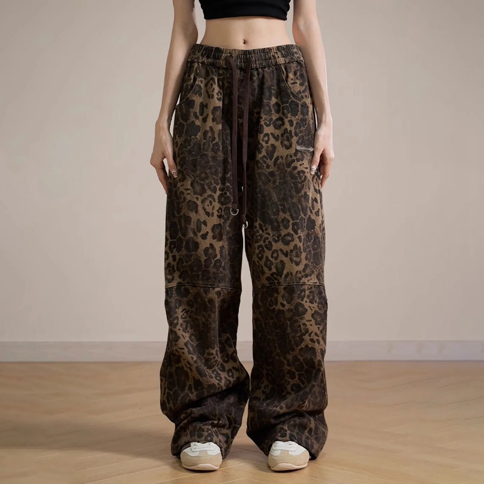 Y2k Leopard Print Women Pants 2024 Autumn Chic Loose High Waist Wide Leg Panther Pant Ladies Fashion High Street Jean Trousers