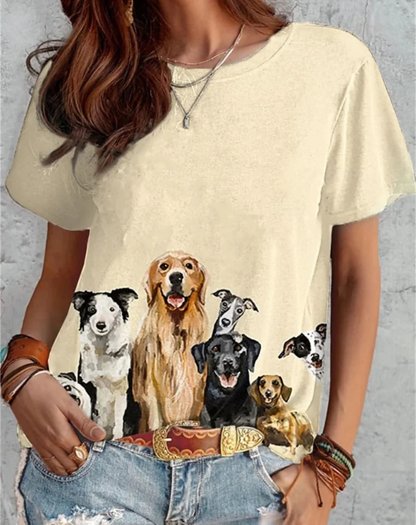 

Animal Women's T-Shirt Round Neck Short Sleeve Outdoor Casual Top 3D Dog Printed Pattern Fashion OverSize Women's Clothing