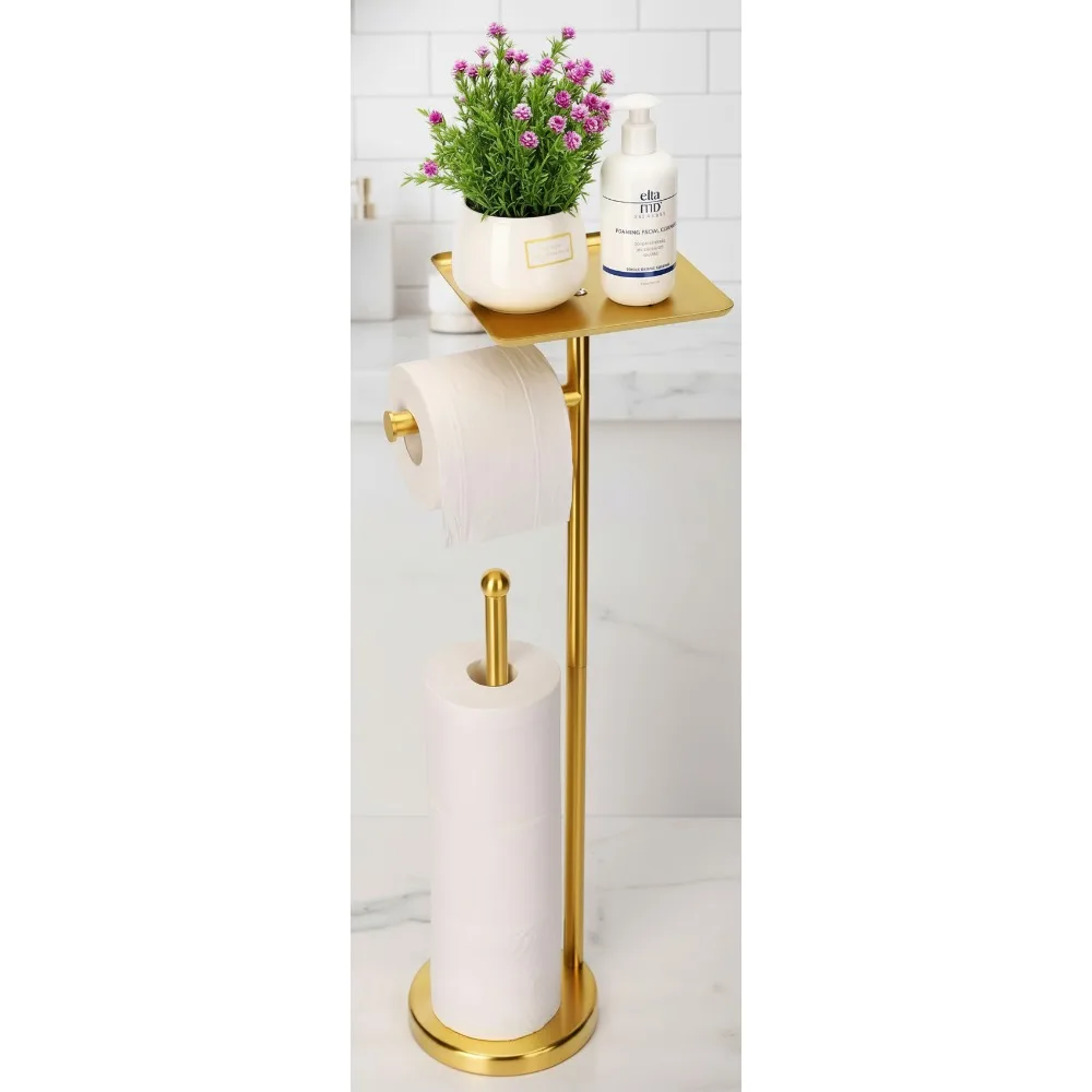 

Gold Freestanding Toilet Paper Holder with Storage Shelf, Holds 4 Extra Rolls, No Drill Installation for Modern Bathrooms