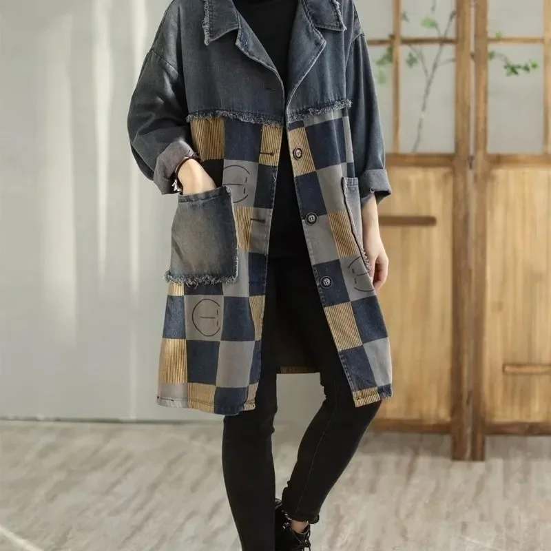 

Spring Female Korean Edition Denim Coat Vintage Printed Top Women Spliced Loose Casual Slimming Flip Collar Windbreaker XQ295