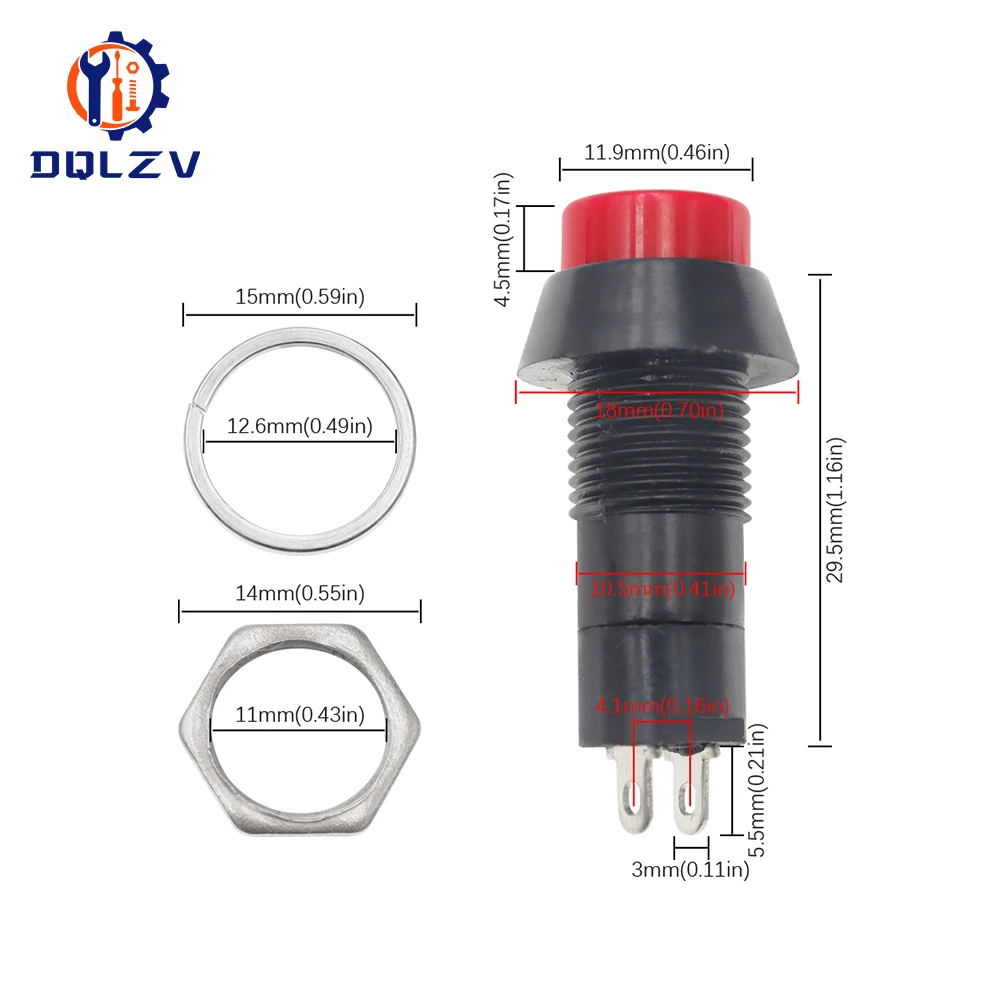 Self-lock/Self-Recovery Pushbutton Switches 12mm OFF-ON Plastic Push Button Switch momentary 3A 250V AC 2PIN 6Color Mixing