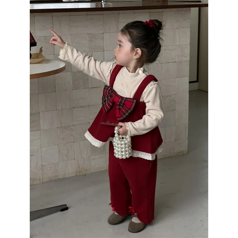 

Children's Christmas Set Thickened Clothes Baby Autumn Winter Outfit Girls' Strap Dress Plaid Fleece Set