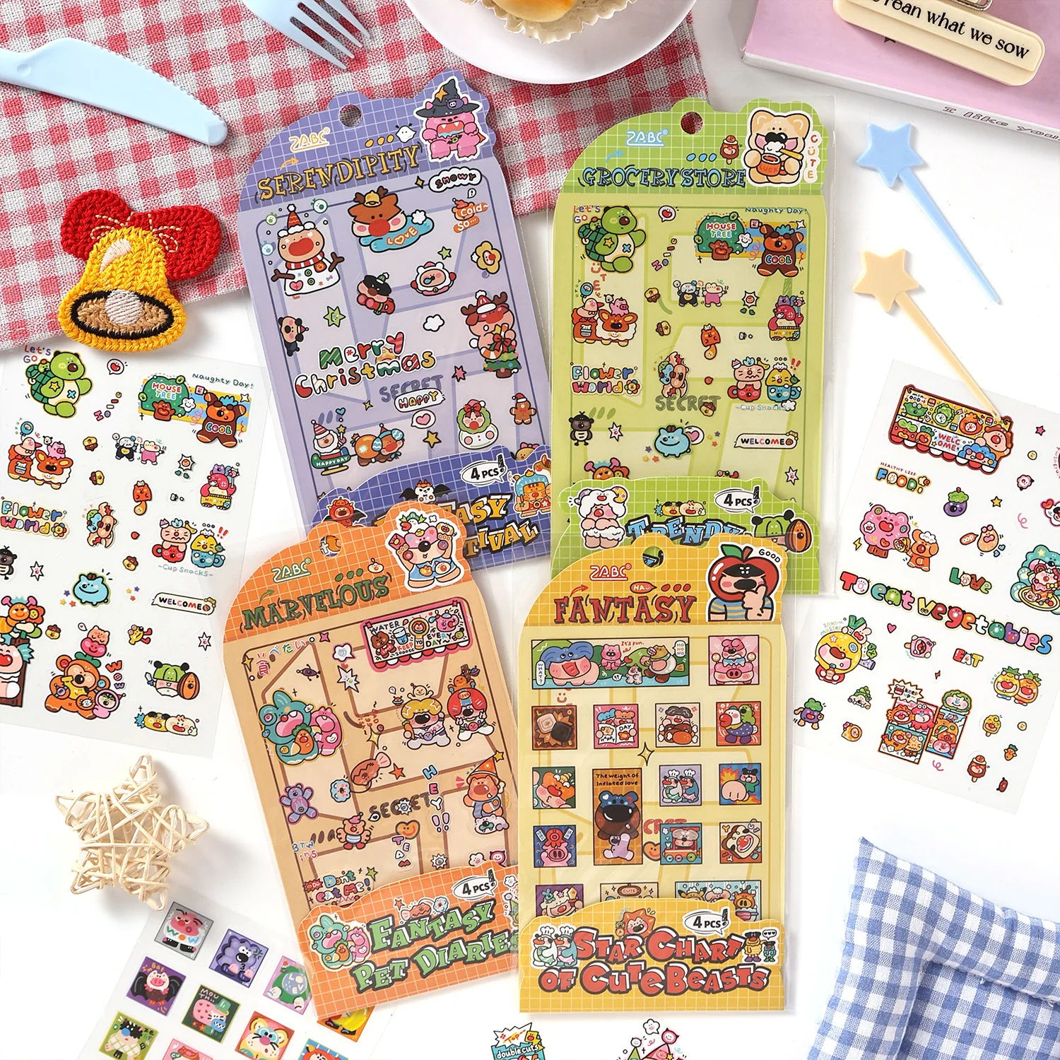 4 sheets Kawaii Cartoon Animal Pet Stickers, Adorable Pet Character Decals for Handmade Journal Scrapbook & Decoration