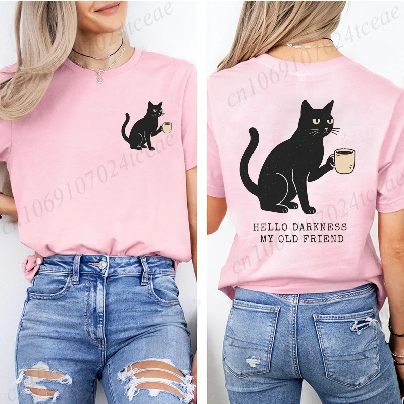 Loose Graphic Hello Darkness Funny Black Cat Print T-Shirt Short Sleeve Crew Neck Casual Top for Summer Halloween Women Clothing