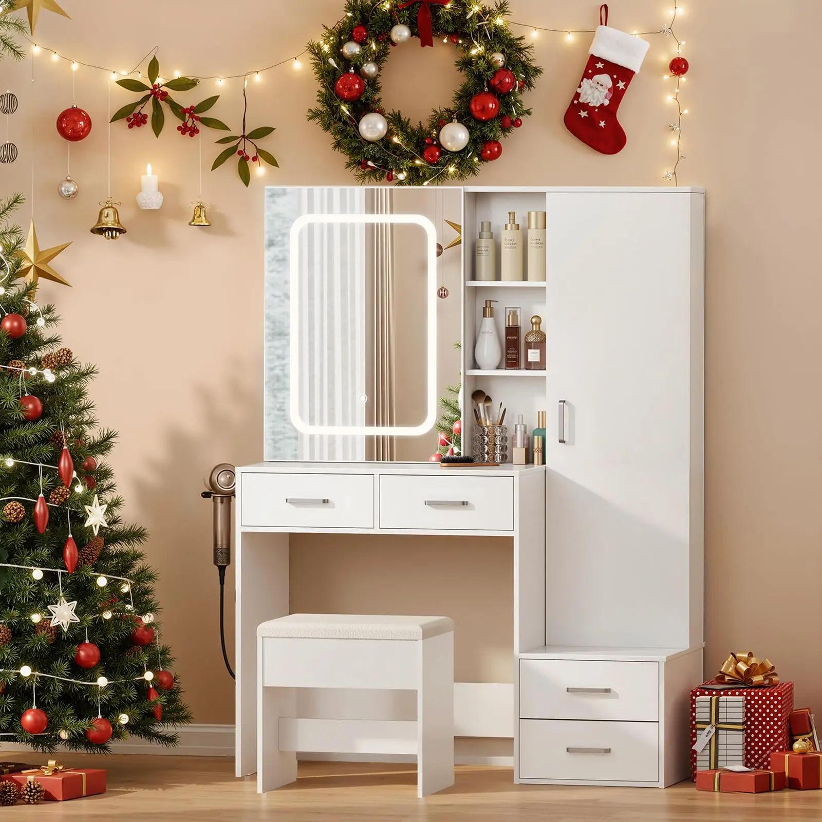 Bande lumineuse et tabouret LED ThomP German Warehouse : luminosité réglable avec 3 options de couleurs - Vanité avec miroir et 1 meuble haut - Coiffeuse moderne avec 4 tiroirs et 3 étagères ouvertes, blanc