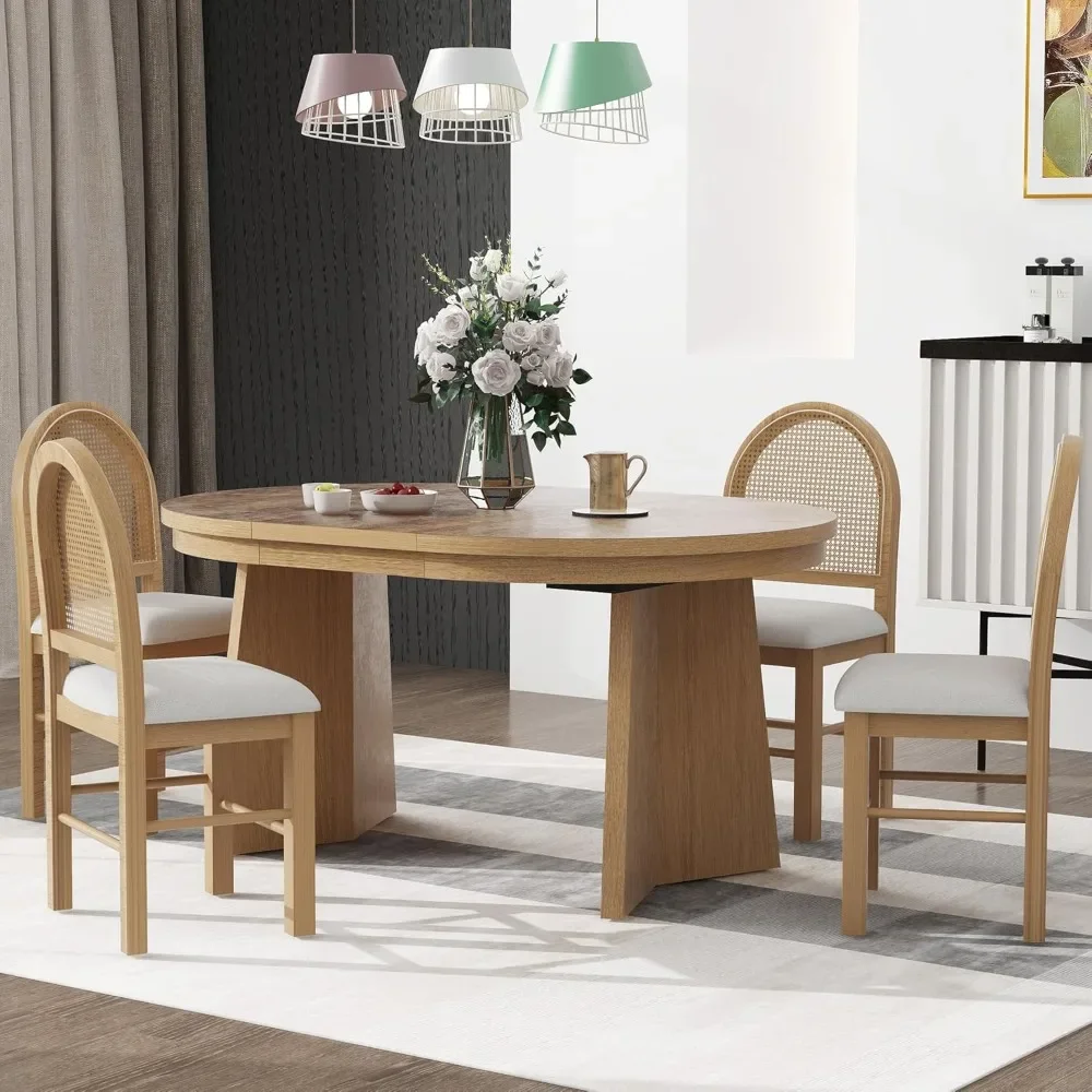 Ensemble de table à manger avec dossier en rotin, table à manger, extensible, solide, 4 chaises à pied, naturel, 7.7, 5 pièces