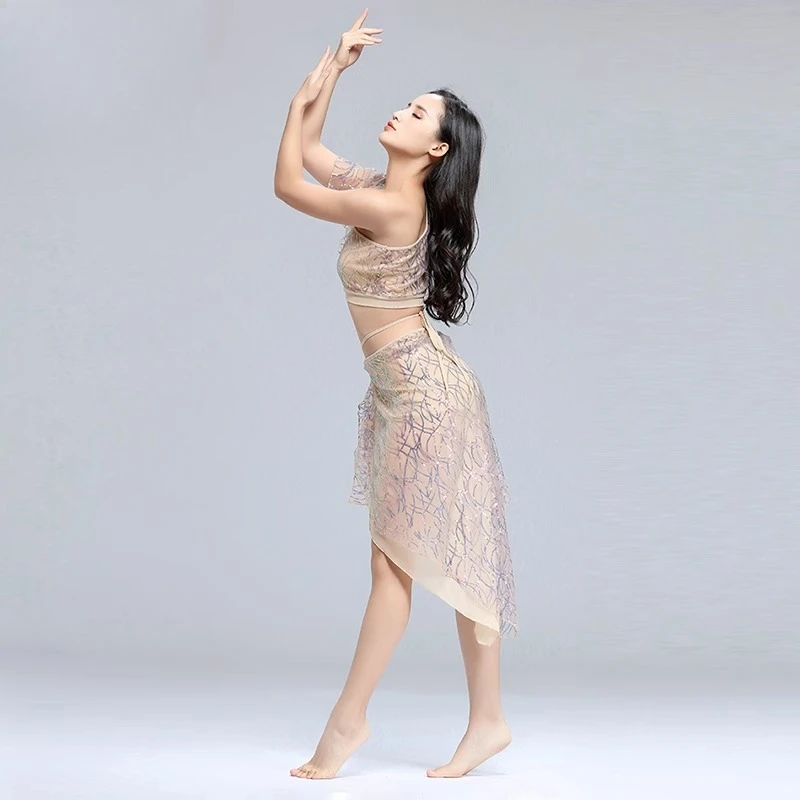 Dostosowany top do tańca brzucha 2025 nowy zestaw orientalna sukienka do tańca odzież do ćwiczeń damski zestaw z brokatową siateczką kostium Bellydance