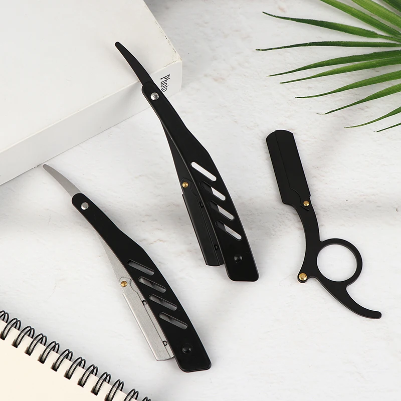 Afeitadora Manual para barbería, maquinilla de afeitar con vástago de acero inoxidable, afeitadora con 10 cuchillas para dar forma a las cejas y la cabeza calva del pulgar