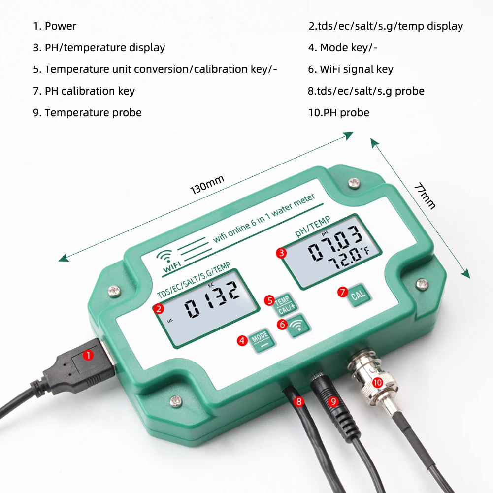 Wifi digital ph ce tds sal sg. temp medidor de qualidade da água testador 6-em-1 multifunções monitor inteligente tuya app controle eua/ue/uk plug