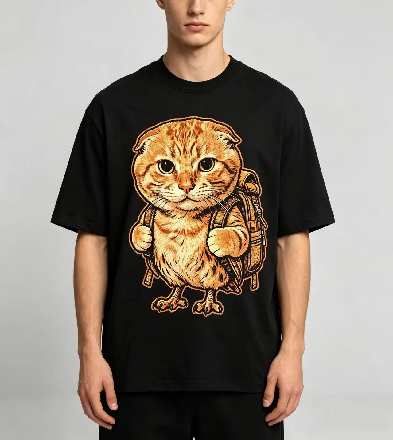 Unisex Cute Scottish Fold Cat With Backpack Graphic T‑Shirt Men Women Funny Pet Animal Oversized Cotton Short Sleeve Tee view 2