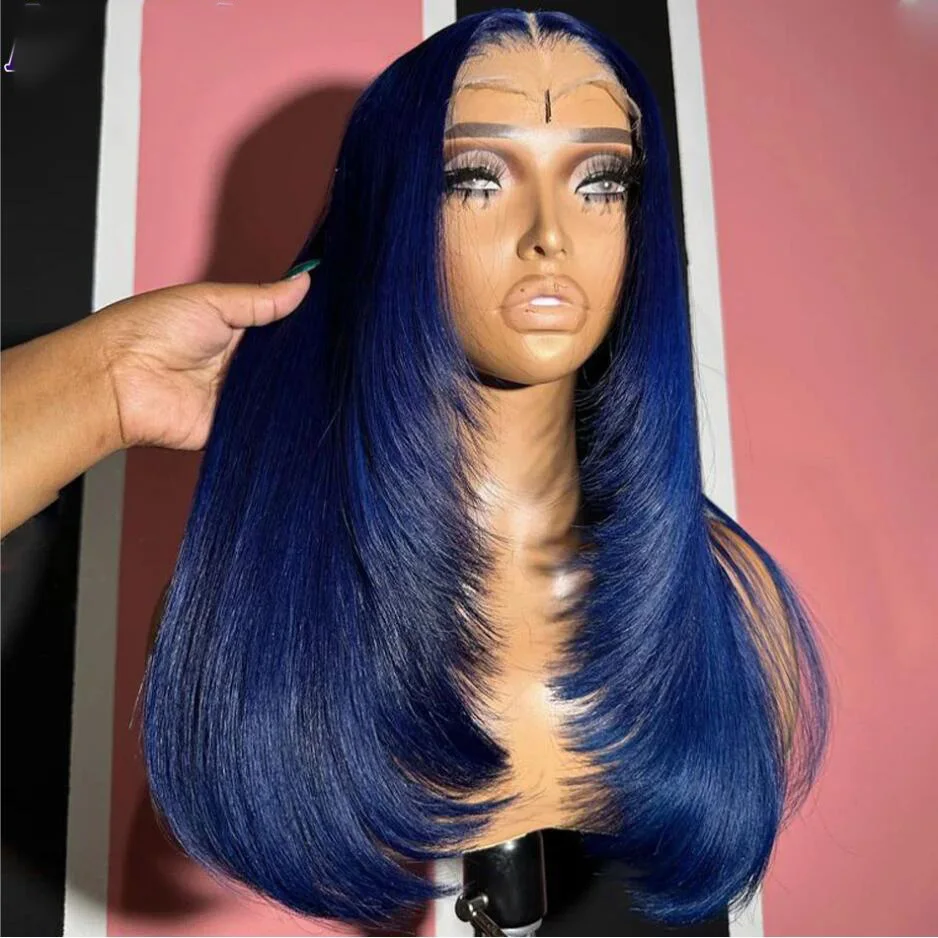 

Soft Dark Blue 26inch 180% Density Long Silky Straight Deep Lace Front Wigs For Black Women Baby Hair Glueless Preplucked Daily