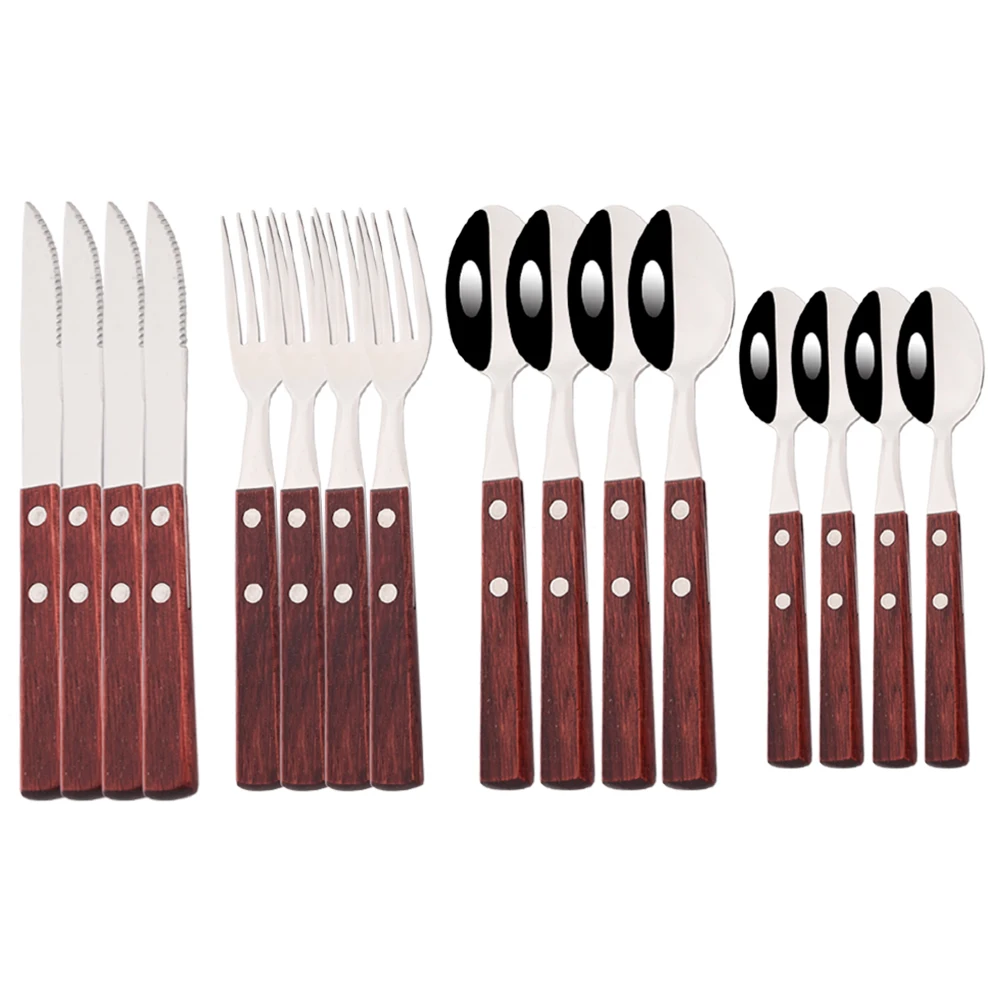 

304 Stainless Steel 16Pcs Tableware Set Wooden Handle Knife Fork Teaspoon Dinnerware Set Kitchen Tableware Accessaries Tools
