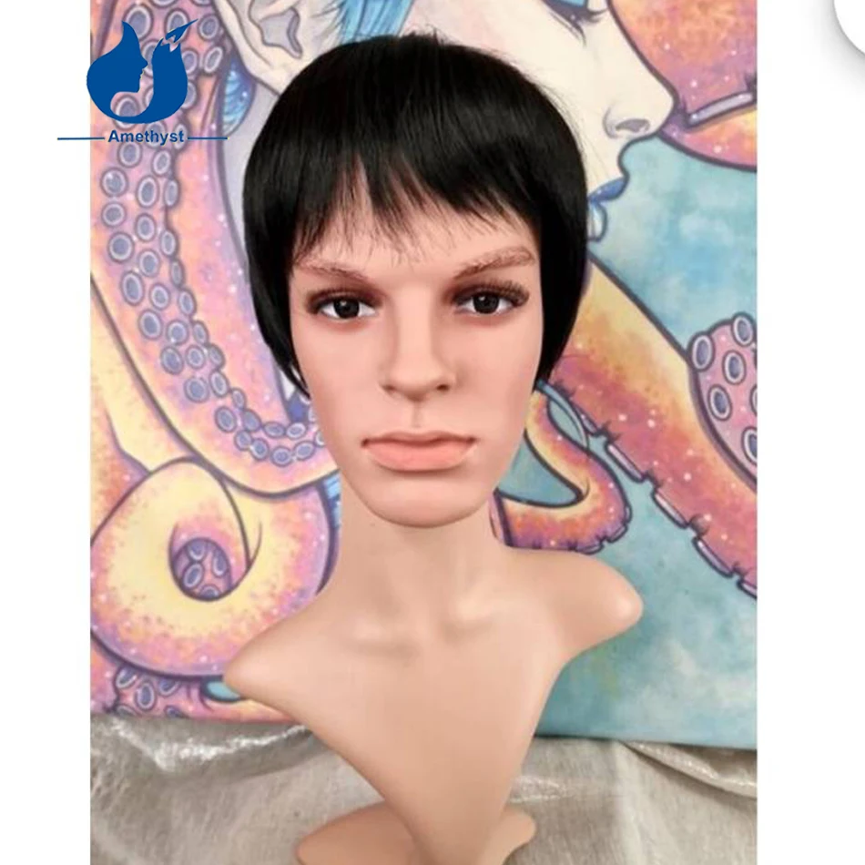 Ametista em linha reta curto pixie corte peruca de cabelo humano com franja completa máquina feita peruca remy cabelo brasileiro pré-estilizado