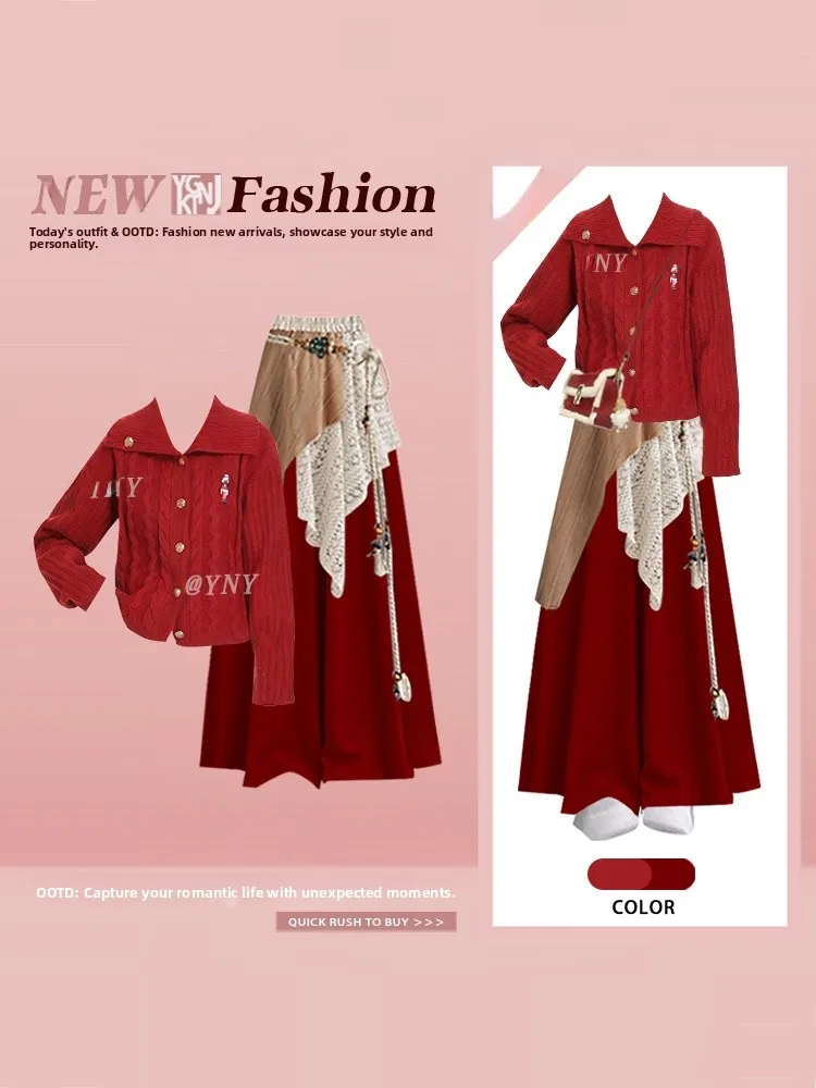 Capodanno Rosso Cisas Cardigan lavorato a maglia casual n Tenda Gonna lunga Pantaloni a vita alta Set di pezzi di maglietta Inverno Faion Wo...