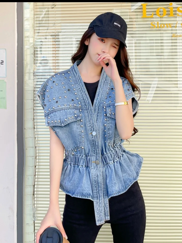 

Beaded Denim Vest Women New Spring Autumn Slim Jeans Vest Jackets Female Casual Sleeveless Waistcoats Cowboy Coat Tops