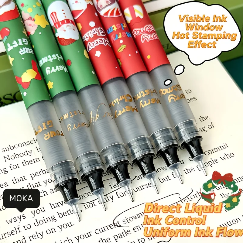 8 Christmas-Themed Direct Liquid Gel Pens, Large Ink Reservoir, Cartoon Christmas Print Pen Body, Multiple Random Patterns, Cap Style, Christmas Holiday Gift, Student Writing, Party Favors