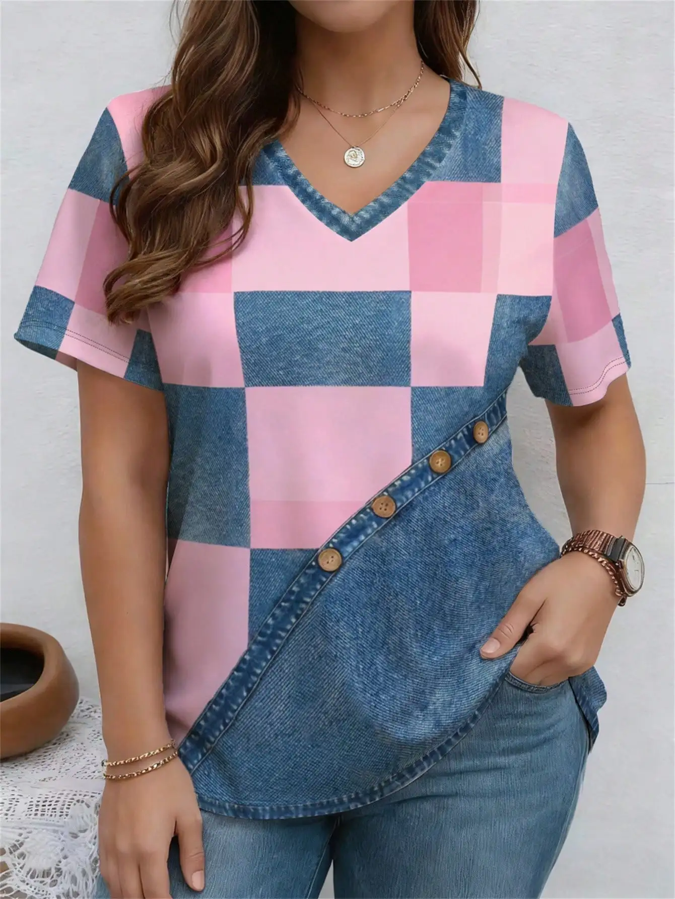 

Patchwork Pattern V-Neck Short Sleeve Casual T-Shirt For Women Spring Summer