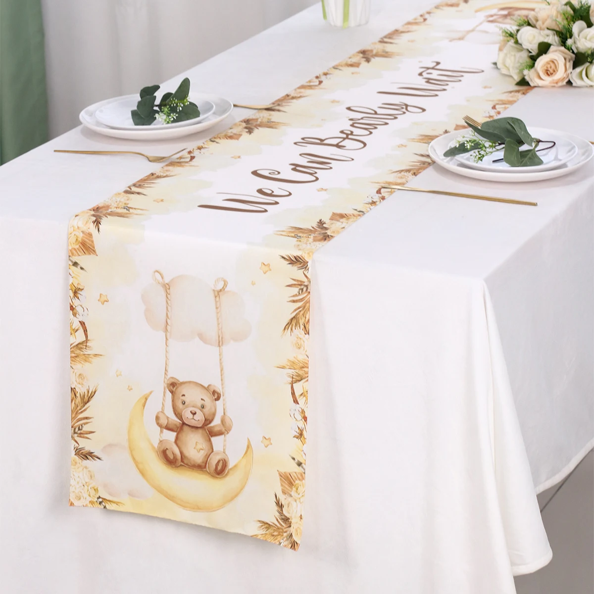 180x35cm Cartoon Bear Pattern Table Runner Boy Girl 1st Birthday Decoration Teddy Bear Table Flag Baby Shower Table Decoration