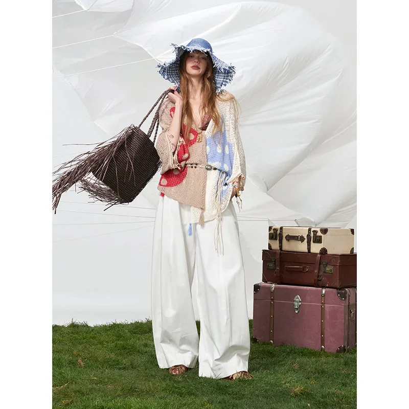 ELFSACK White Pleated Wide Leg Pants, High Waist Trousers, Casual Cottagecore Loose Bottom