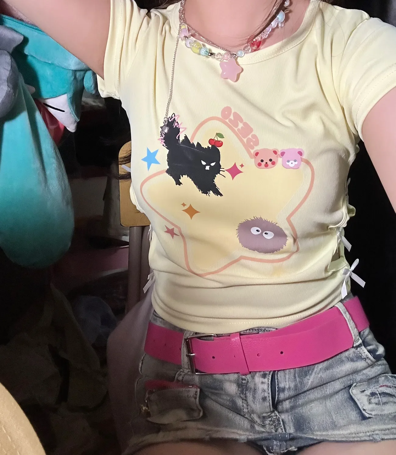 

Dopamine Slim Fit Shoulder Straight Short Sleeved T-shirt Summer Spicy Girl Slim Fit Bow Hollow Out Short Tee Women Y2k Crop Top