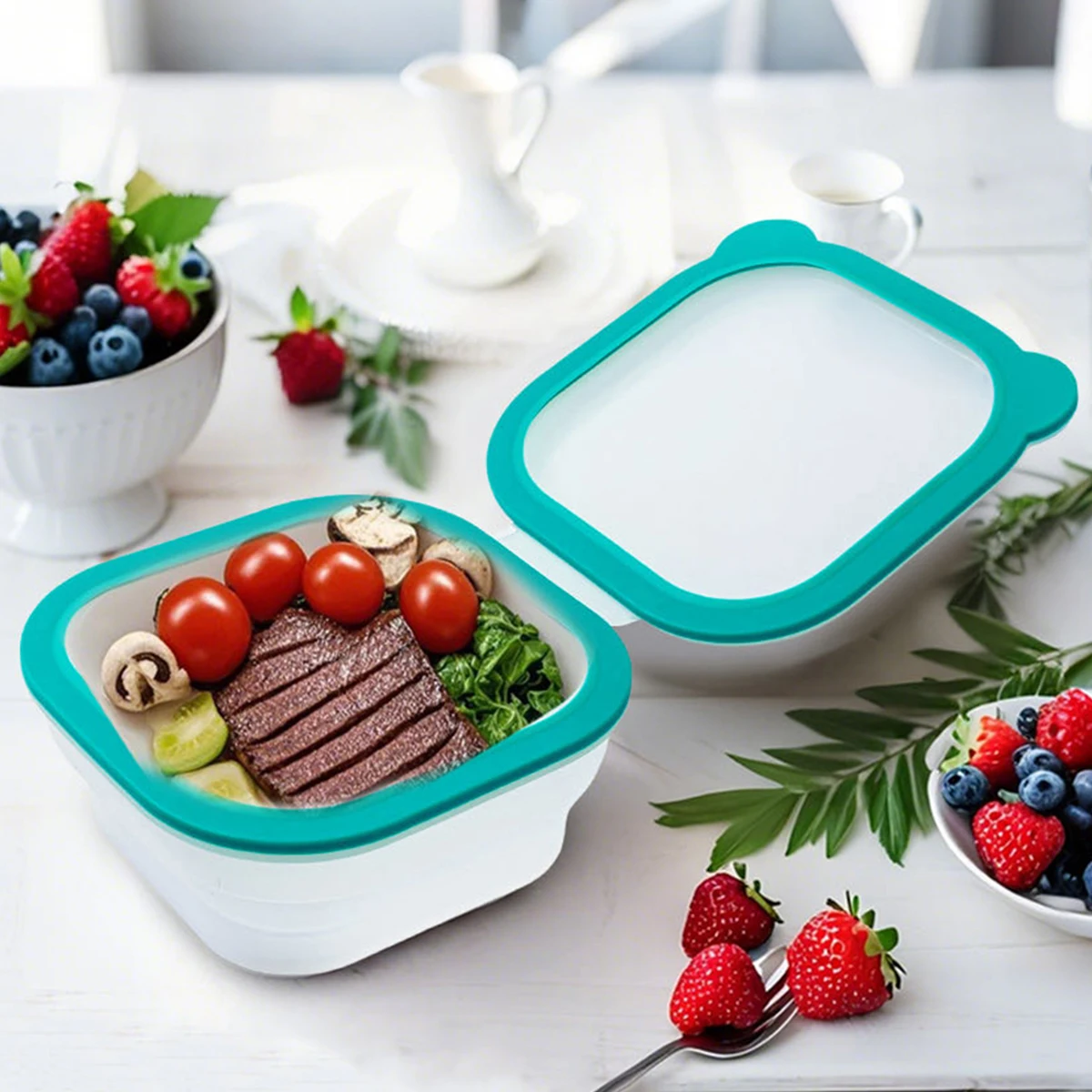 

Collapsible magnetic sealing storage box, leak-proof, fruit preservation, salad box, silicone sealed, microwave safe.