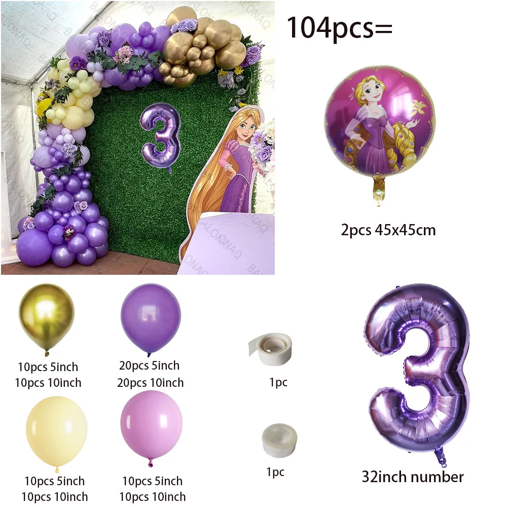 104pcs Princess Rapunzel Balloon Girl Birthday Party Supplies Gift Home Decor Number Ballon Baby Shower Wedding Decoration