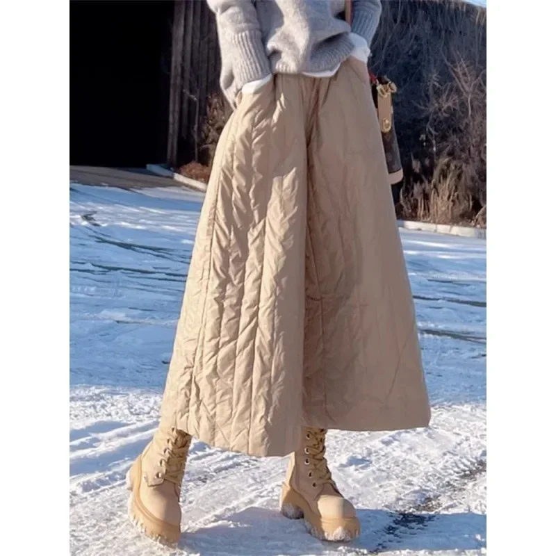 

Snow Warm Down Cotton Culotte Casual Winter Quilted Wide Leg Pants Womens High Waist Thicken Baggy Capri Pantalones Oversize New