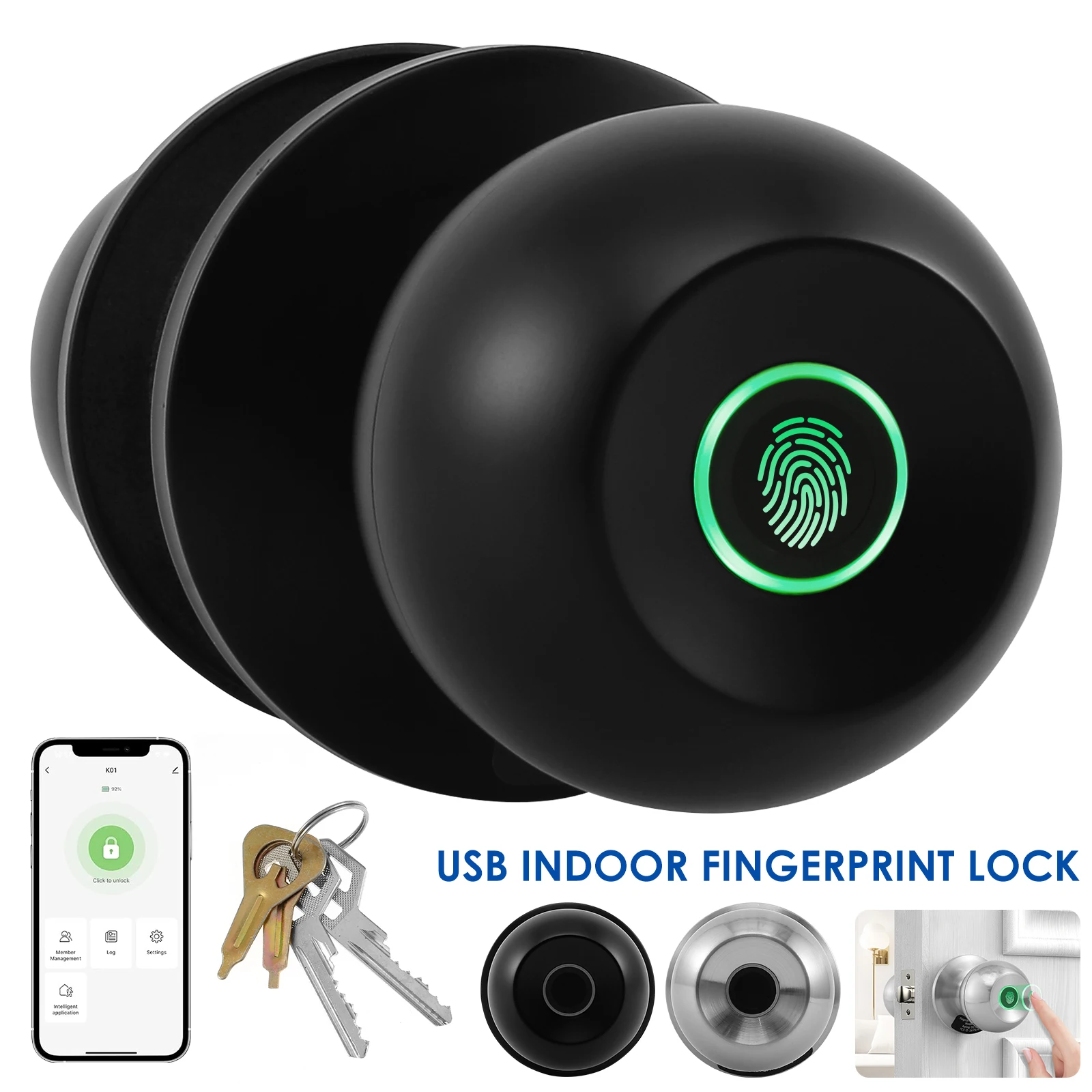 Smart Door Knob Stable Fingerprint Door Knob with 3 Keys APP/Key/Fingerprint Control Door Lock Safe 3 Ways Unlock Door Knob