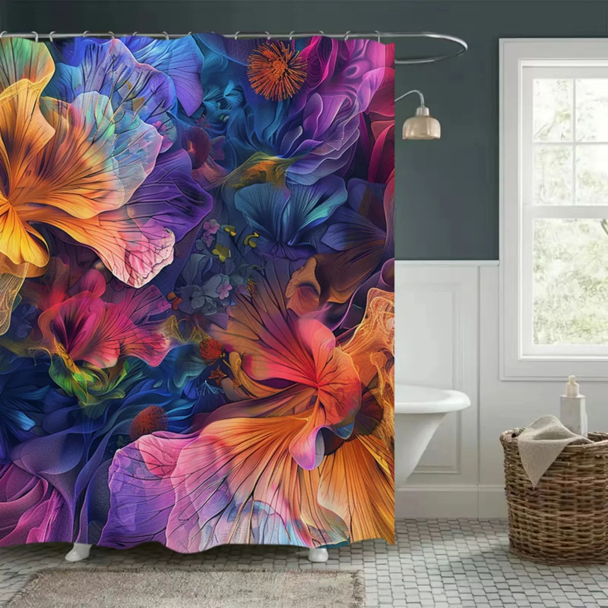 

one pc Colorful_abstract_floral_pattern Весенние занавески для ванной комнаты, полиэстеровые занавески для душа с цифровой печатью, неперфорированная часть