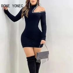 Women Rhinestone Decoration One Shoulder Long Sleeves Mini Bodycon Basic Dress