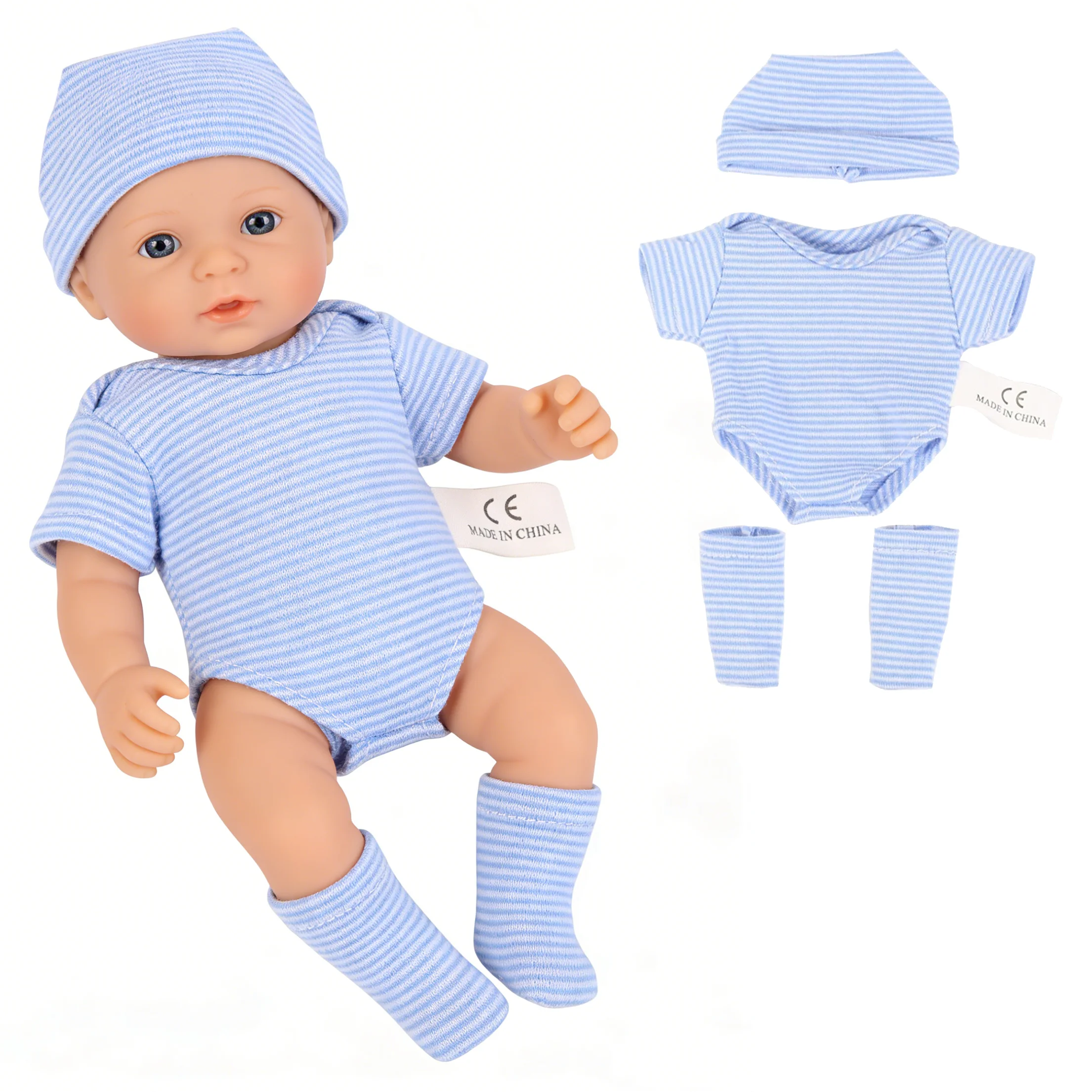 20cm 7インチ ミニリボーンドール服 衣装 かわいいベビー人形 幼児用Tバックロンパース パンツ ぬいぐるみ うさぎの靴下 帽子セット 服