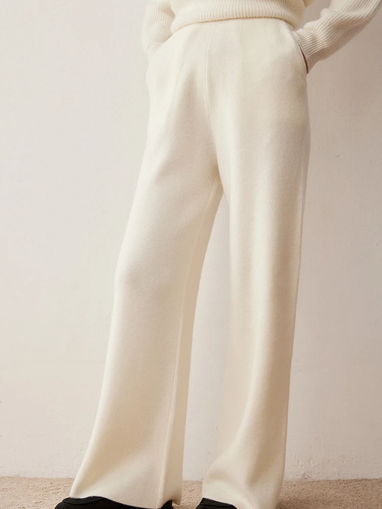 

High Quality Women's Cashmere Pants Elastic Waist Solid Wide Leg Pants Office Lady 100% Cashmere Knitwear Autumn Winter Trousers