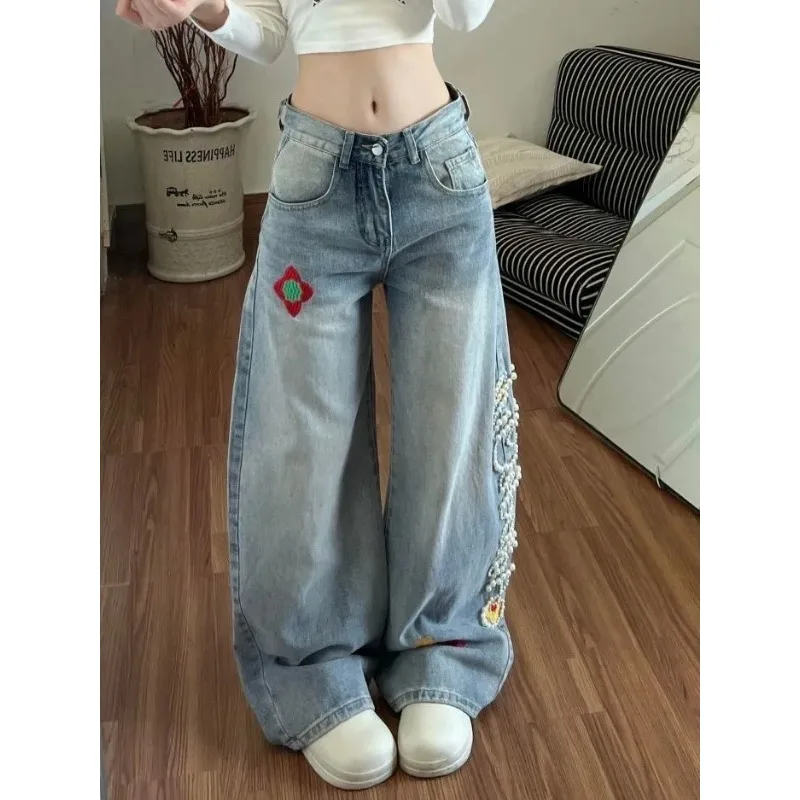

Женские джинсы с высокой талией и широкими штанинами, с жемчужным декором и вышивкой, в стиле Y2K, свободные джинсовые брюки