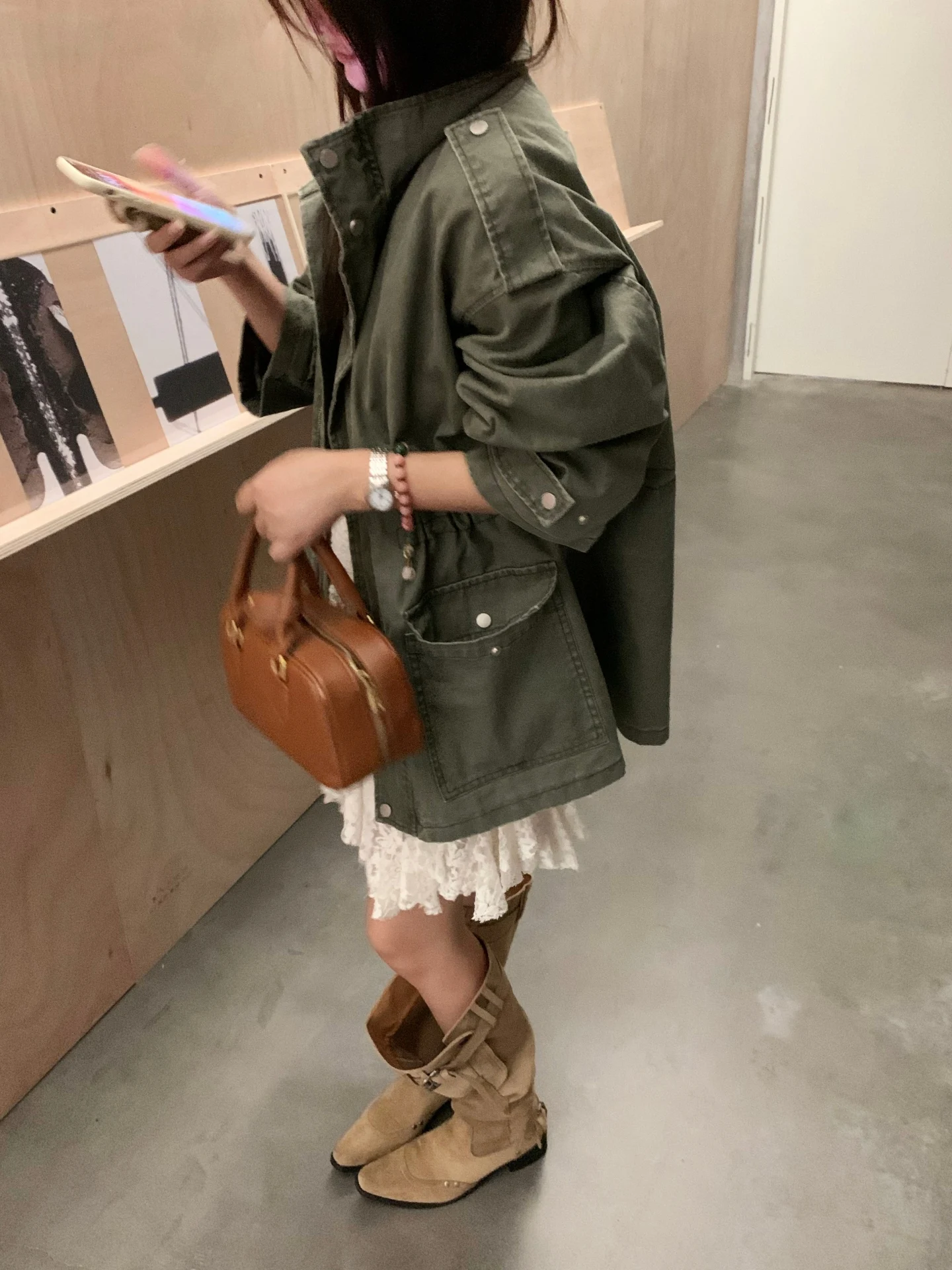 

Wanlu Home Barn Sle Military een Workwear Large ket Waist Cinched mid Length Jaet Women Autumn Casual Straight Cut