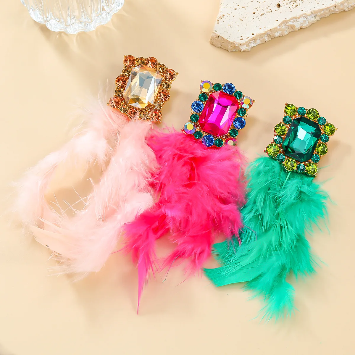 Big Statement Luxury Fuchsia Earrings Pink/Green Color Feather Long Tassel Women Creative Crystal Earrings